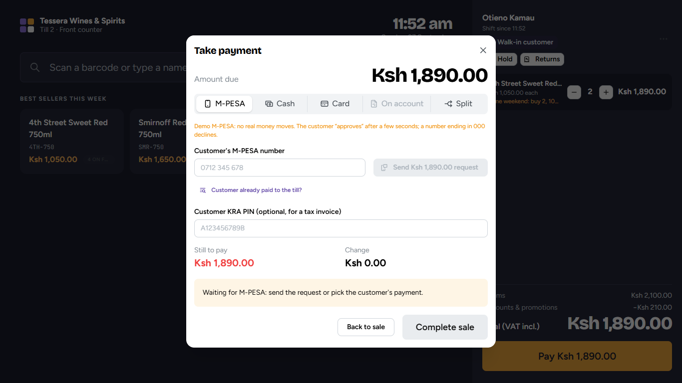 Tessera POS take-payment window with M-Pesa selected and the customer's number ready for the request